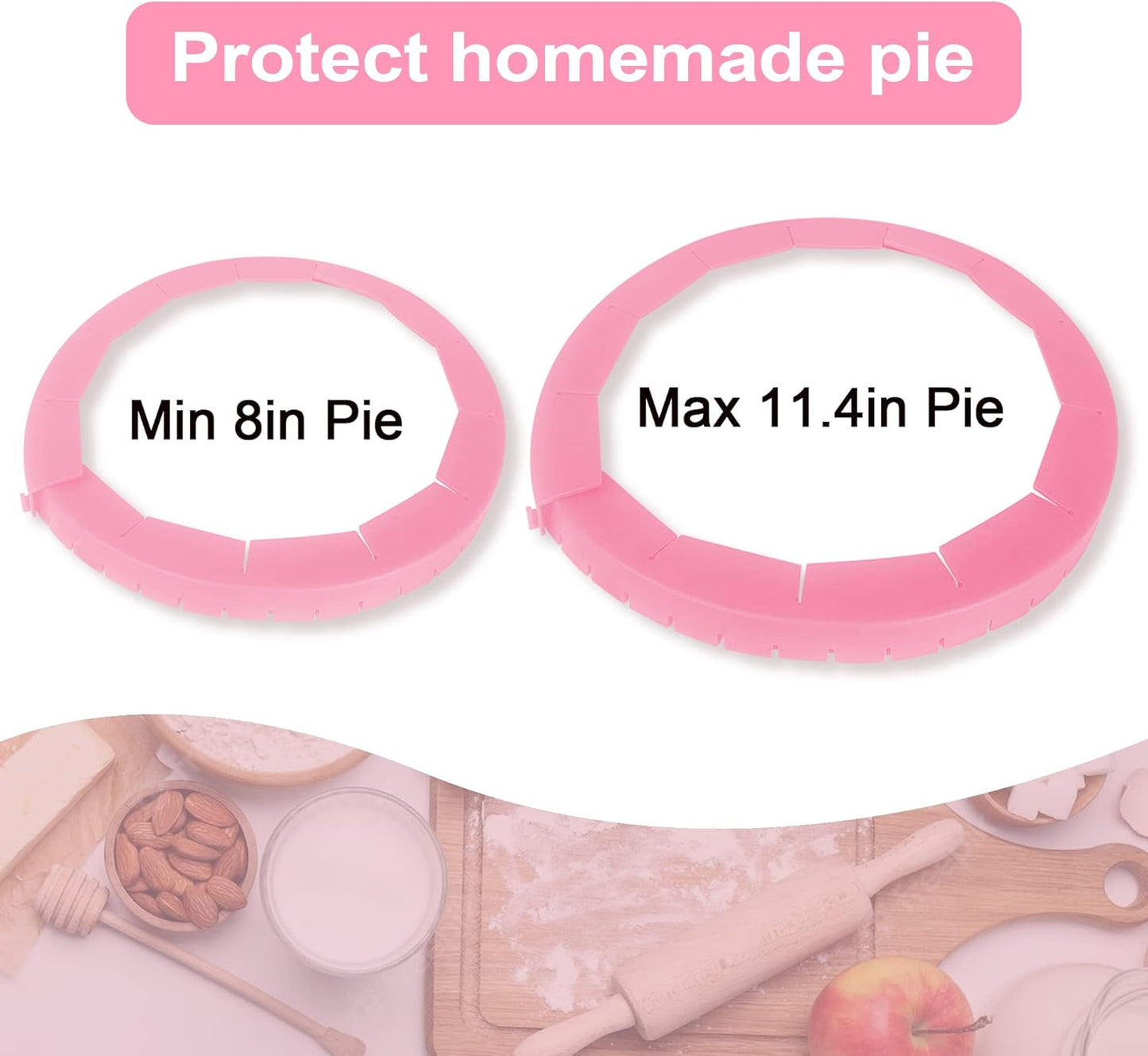 2 Pack Adjustable Silicone Pie Crust Shield - BPA-free Pie Crust Protector Cover Kitchen Tool - Fit 8-10.7 Inch Pies - Dishwasher Safe (Pink)