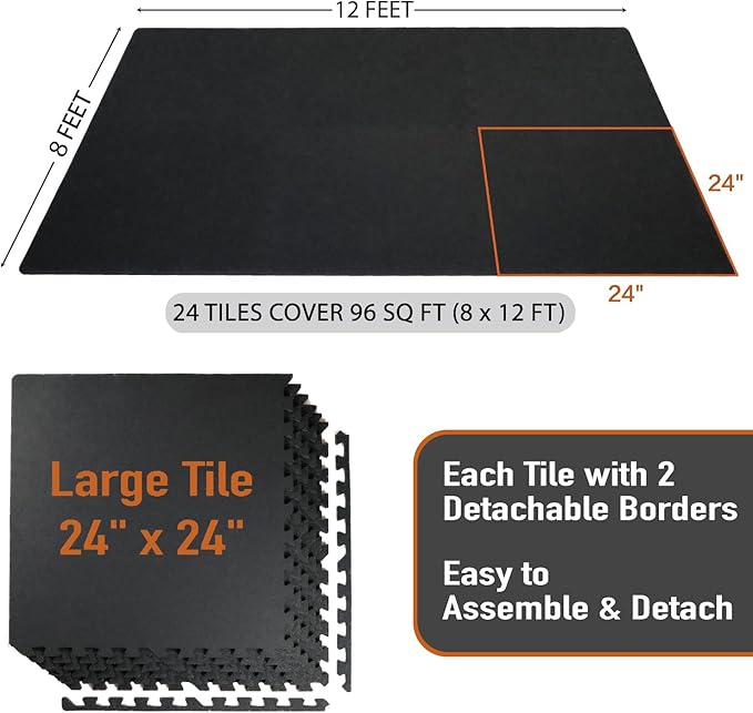 AIRHOP 0.56in Thick 96 Sq Ft Exercise Equipment Mats, 24 Tiles Upgraded Rubber Top with High Density EVA Foam, Large Interlocking Puzzle Gym Flooring for Home Gym, Heavy Weight Workout,Black