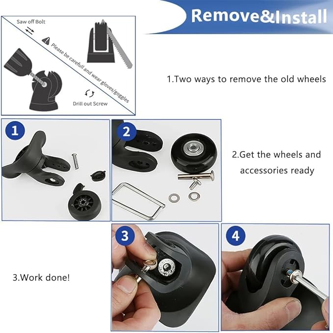 50mm 4PCS Luggage Suitcase Replacement Wheels and Hacksaw for Trolley Case Travel Bags Caster Inline Roller Skating Swivel Rubber Bearings Repair Kits With Axles 30mm&35mm&60mm