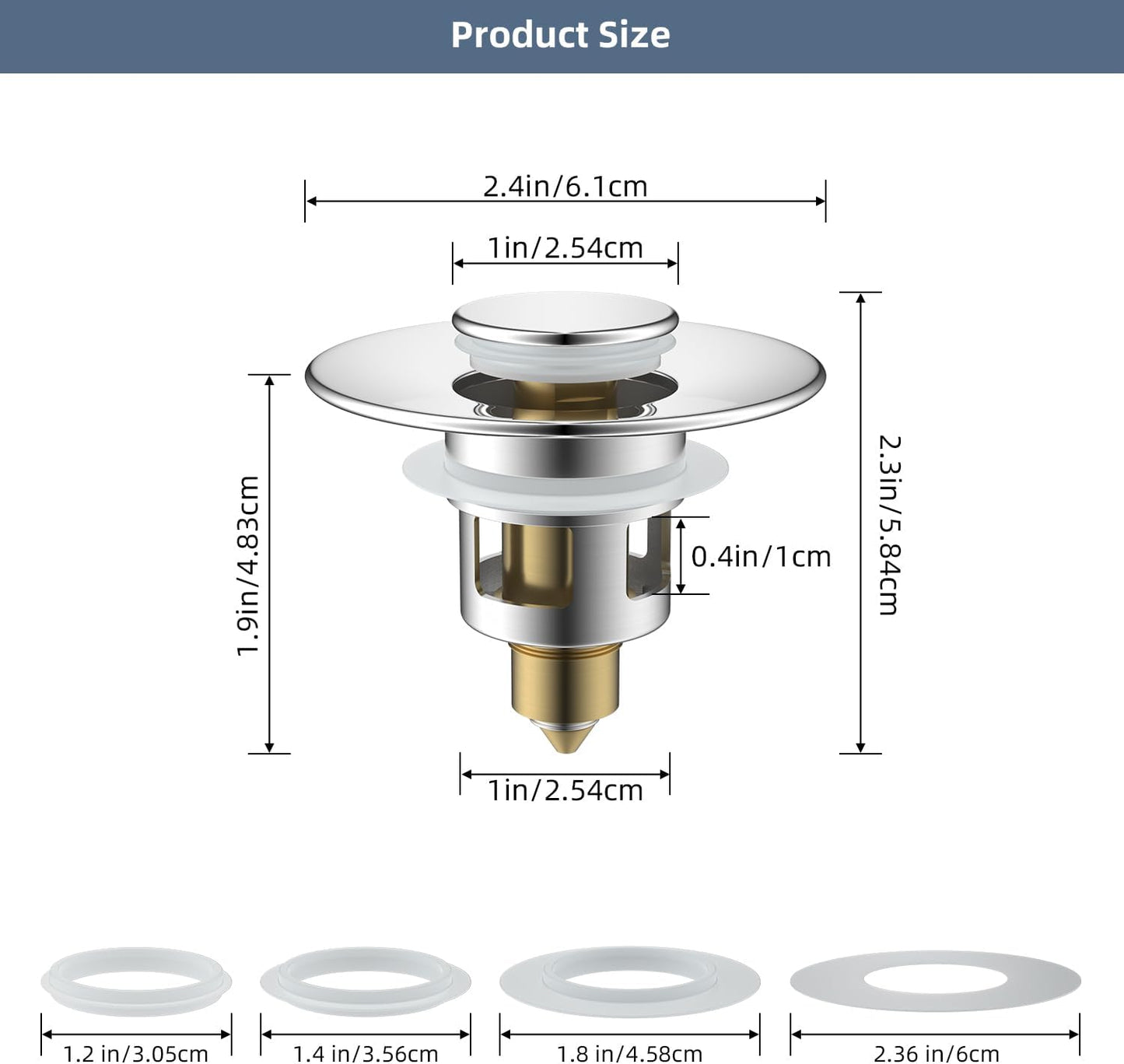 Hibbent 2 Pack All Metal Universal Bathroom Sink Stopper for 1.1''~2.3'' Basin, Pop Up Sink Drain Strainer, Brass Bullet Core Push Type Stopper, Stainless Steel Anti Clogging Drain Filter, Chrome