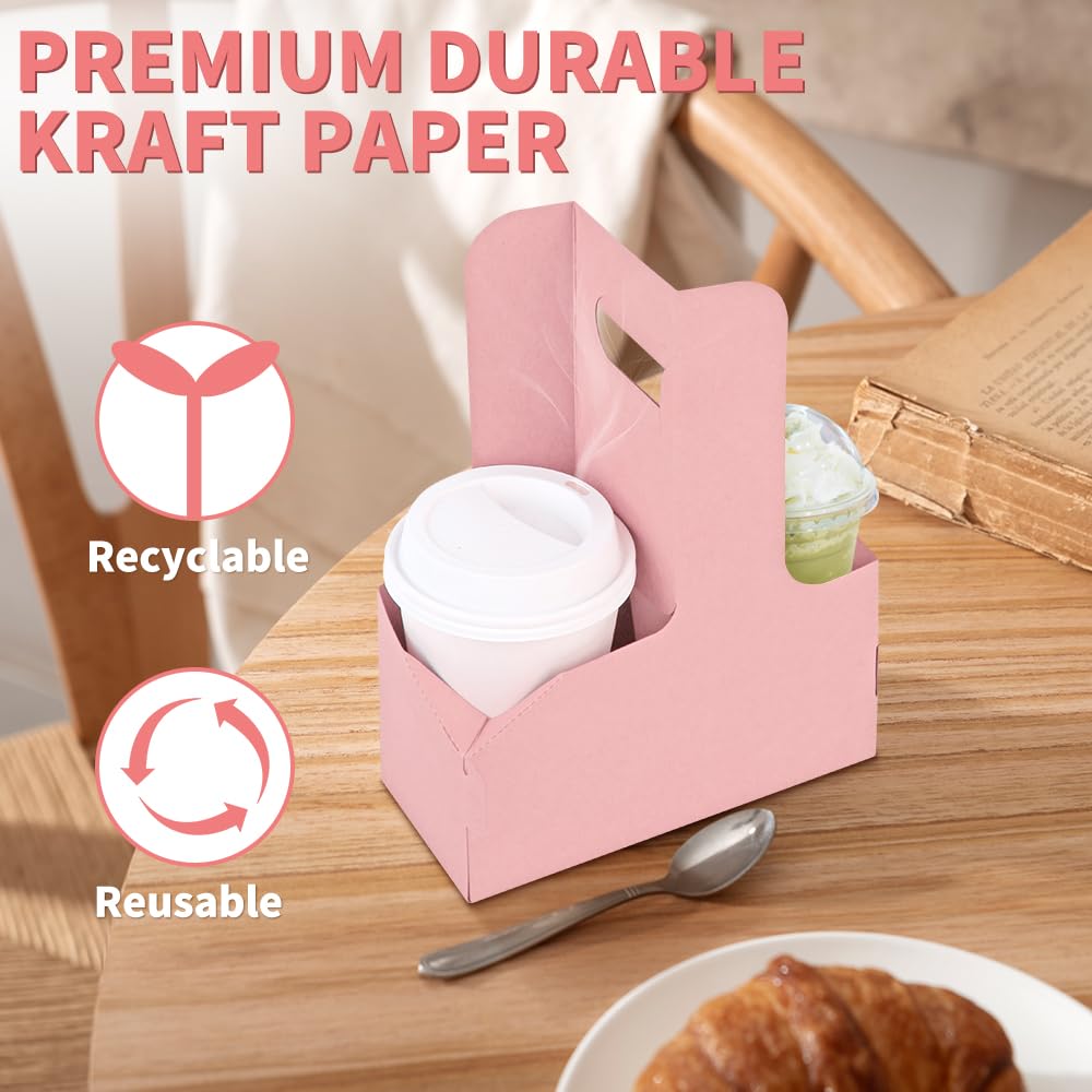 Bodaon 2 Cup Drink Carrier with Handle, 15 Pcs Cardboard Cup Holders, Disposable Drink Carriers for Delivery, Kraft Paper Coffee Cup Holder to Go, Take Out Cup Carriers for Hot/Cold Drinks
