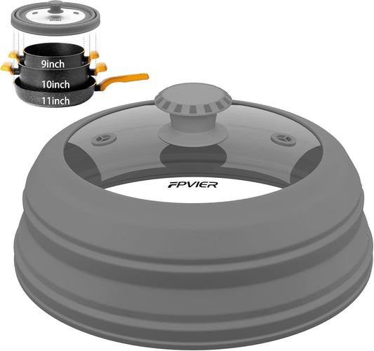 Collapsible Microwave Splatter Cover - Vented Silicone & Glass Lid with Easy-Grip Handle, Fits 6 to 11 Inch Plates & Bowls, 11.8 Inch Diameter, Prevents Splatters & Ensures Even Heating