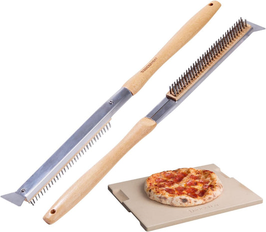 15x12 Inch Pizza Stone and Brush Set, Rectangle Pizza Baking Stone with Stainless Steel Bristle Grill Brush for Oven, Grill, BBQ, Cordierite Cooking Stone