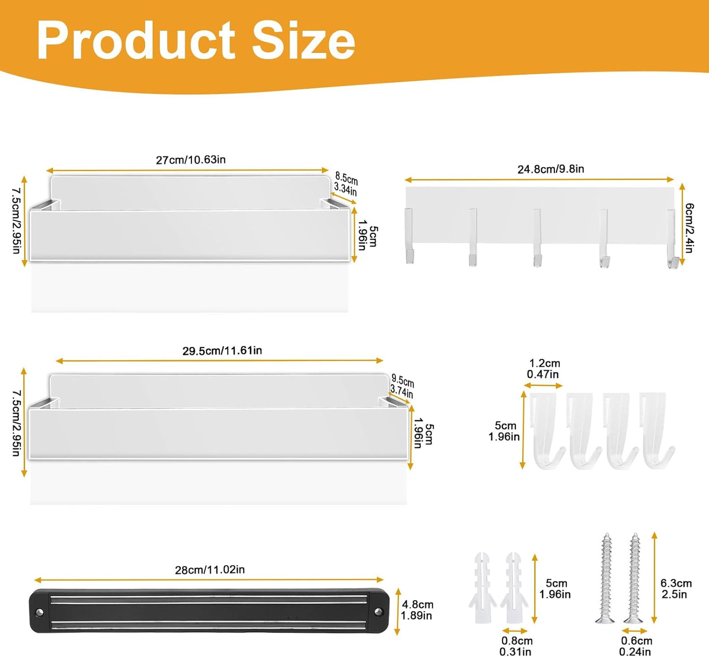 4 Pack Magnetic Spice Rack for Refrigerator,Metal Magnetic Shelf White with Hook,Magnetic Knife Rack,4 Hooks,Space Saving for Home,Kitchen