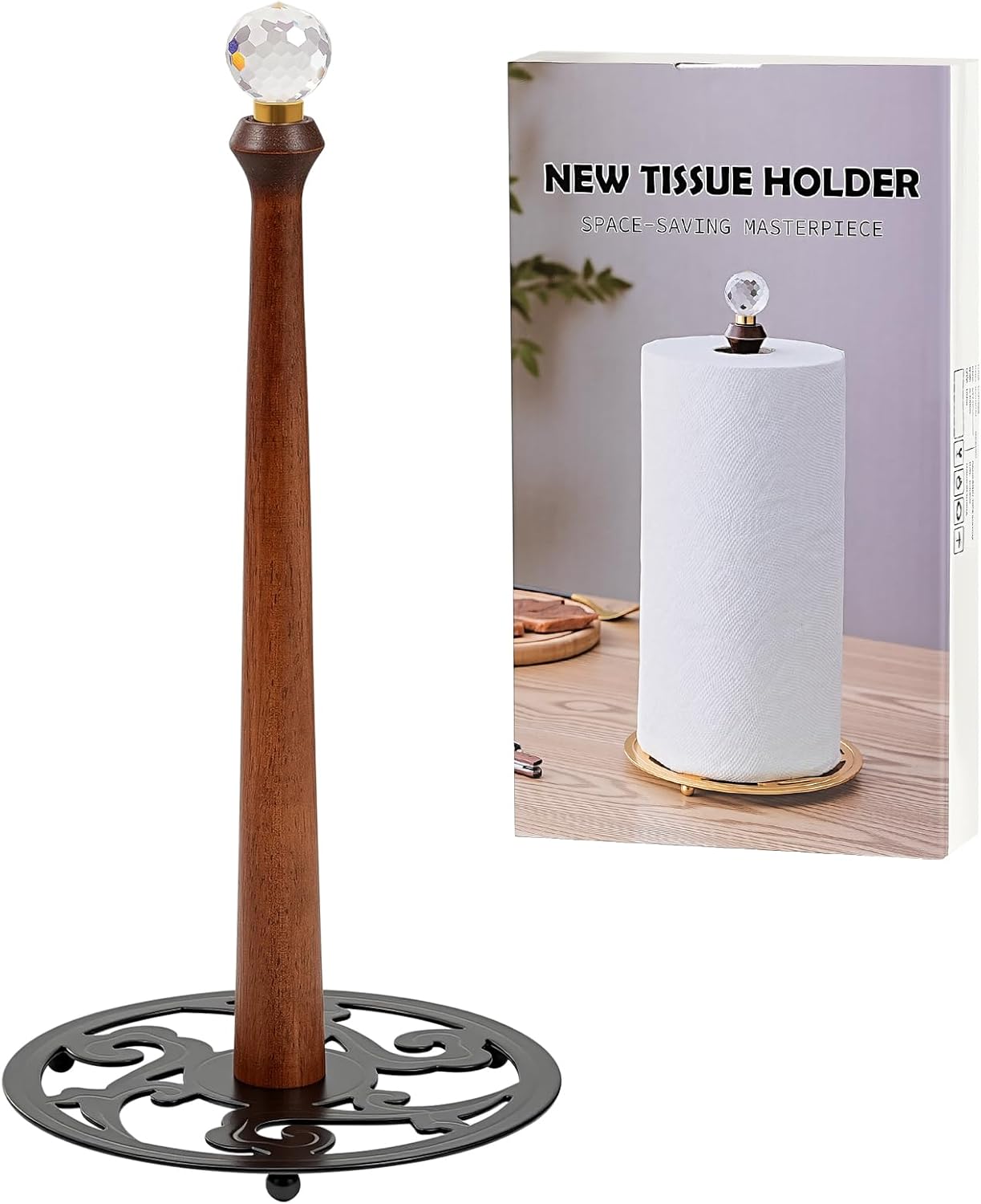 Wooden Countertop Paper Towel Holder,Iron Base with Die-Cast Pattern, Solid Wood Rod & Crystal Finial Top,Slow Reveal Artistry, Stable&Durable, Easy Install - Elevates Kitchen Décor(Black)