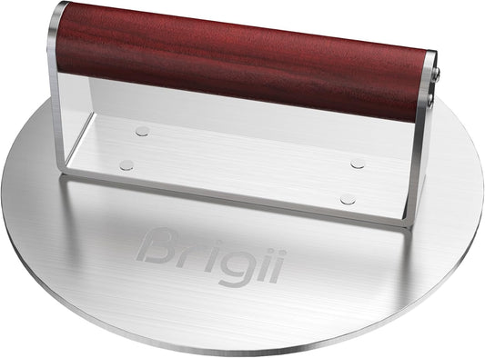 Brigii Burger Press Smasher, 2.5lb Heavy-Duty Stainless Steel, with Flat Nonstick Surface and Wooden Handle, for Hamburger Patty, Bacon, Steak, BBQ Grilling, Dishwasher Safe