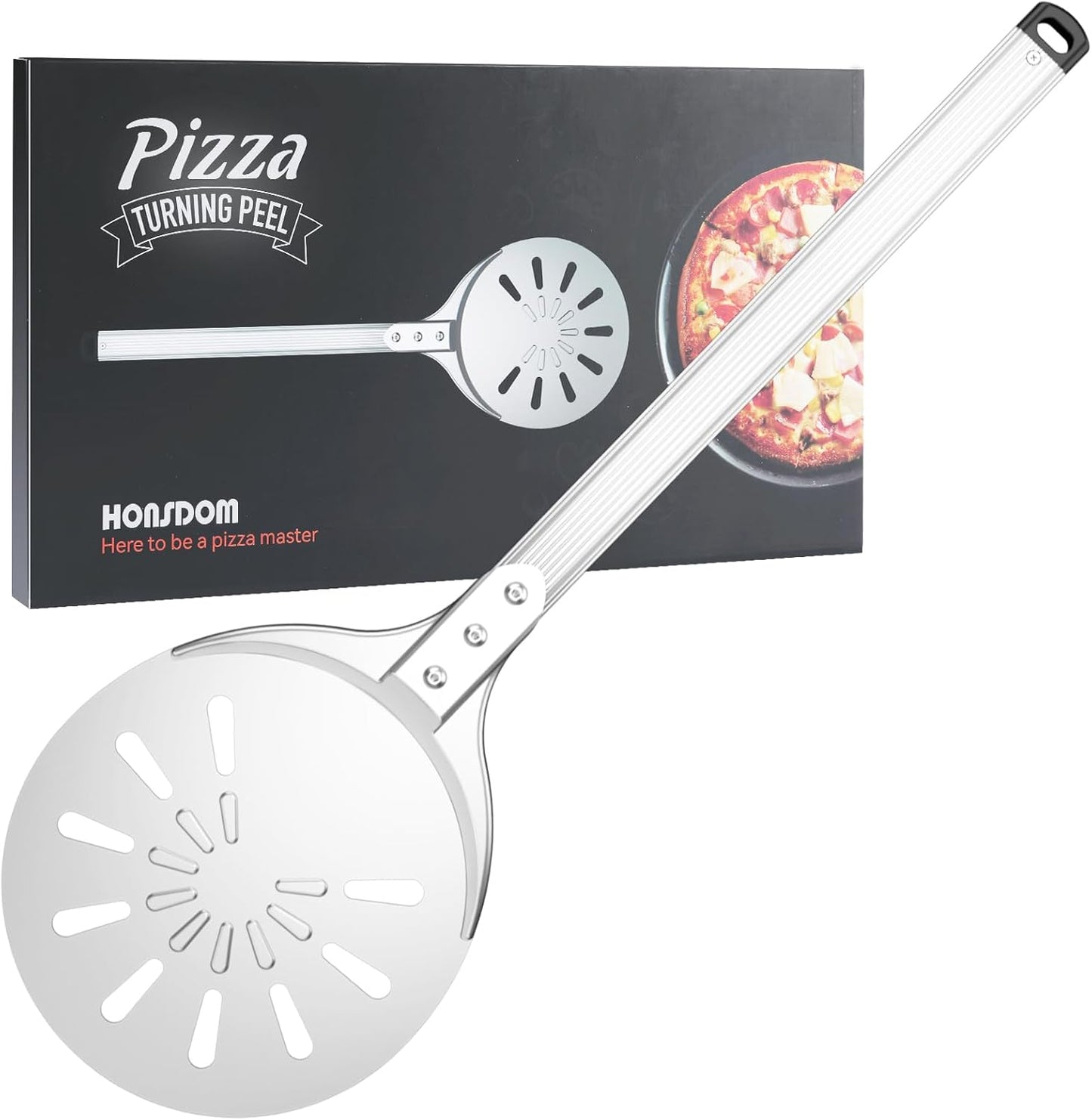 Pizza Turning Peel, 8-inch Pizza Peel Turner Spinner, Long Handle Perforated Aluminum Pizza Peel with Silicone Hook, Pizza Oven Accessories