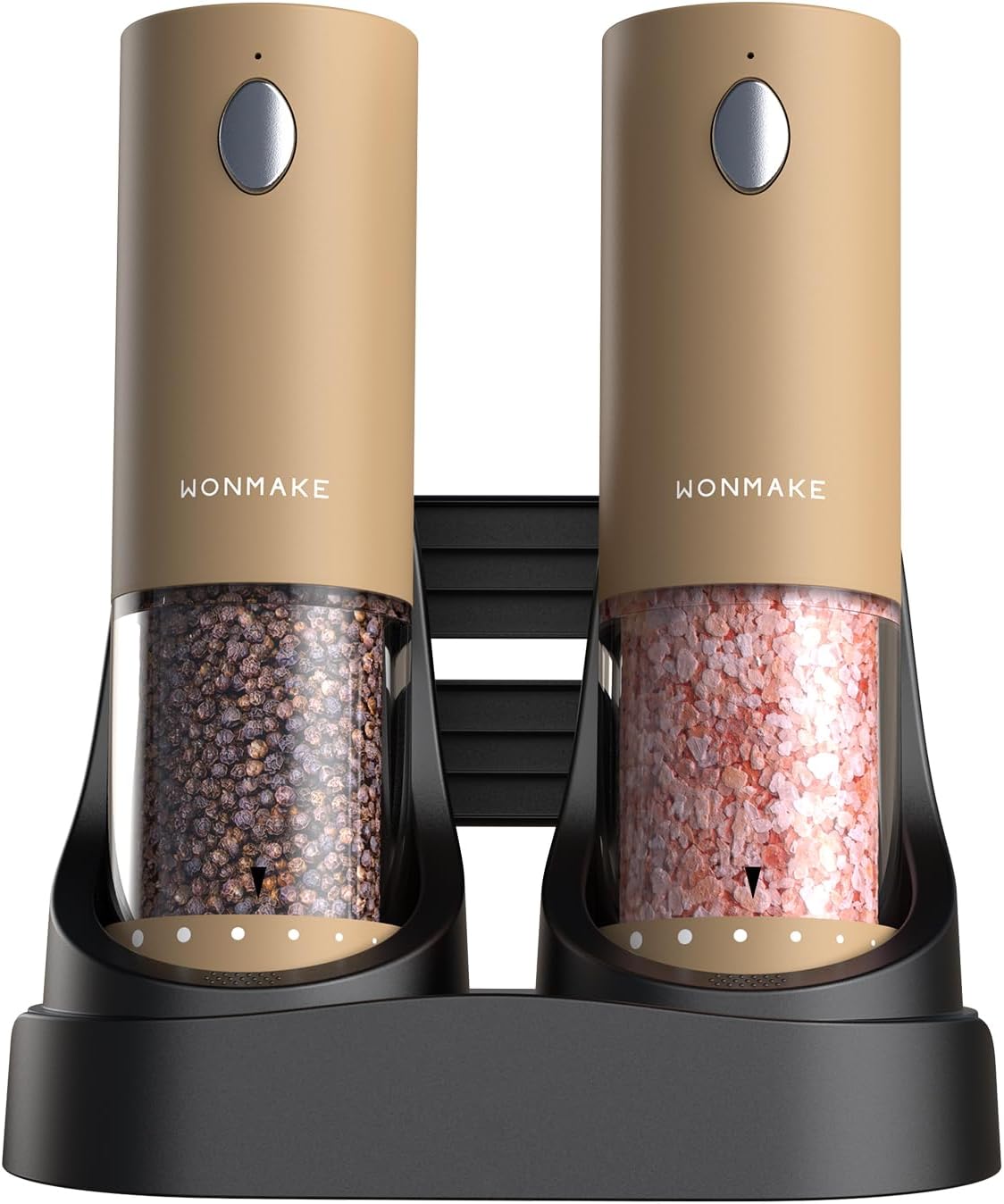 Electric Salt and Pepper Grinder Set - Automatic Refillable Salt and Pepper Grinders with Charging Base & LED Light, 6-Level Adjustable Coarseness with External Dial, Ideal Kitchen Gadget，Brown