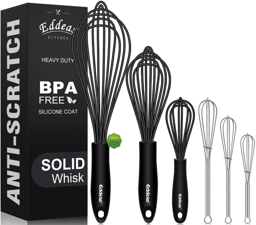 Silicone whisk, Non scratch coated whisk for cooking 7+9+11inch whisks and 3pcs 5+6+7inch 304 stainless steel small whisks, Suitable for Beating, Blending, great for cooking and baking.