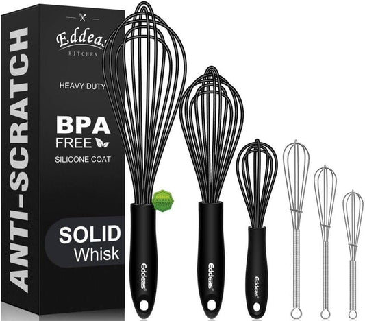 Silicone whisk, Non scratch coated whisk for cooking 7+9+11inch whisks and 3pcs 5+6+7inch 304 stainless steel small whisks, Suitable for Beating, Blending, great for cooking and baking.