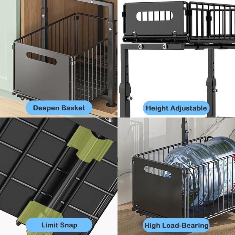 Under Sink Organizer with Adjustable Height, 2 Tier Pull Out Cabinet Design, Sliding Sink Shelf for Enhanced Storage Capacity, Counter Organizer Storage for Kitchen & Bathroom, Black, 1 Pack