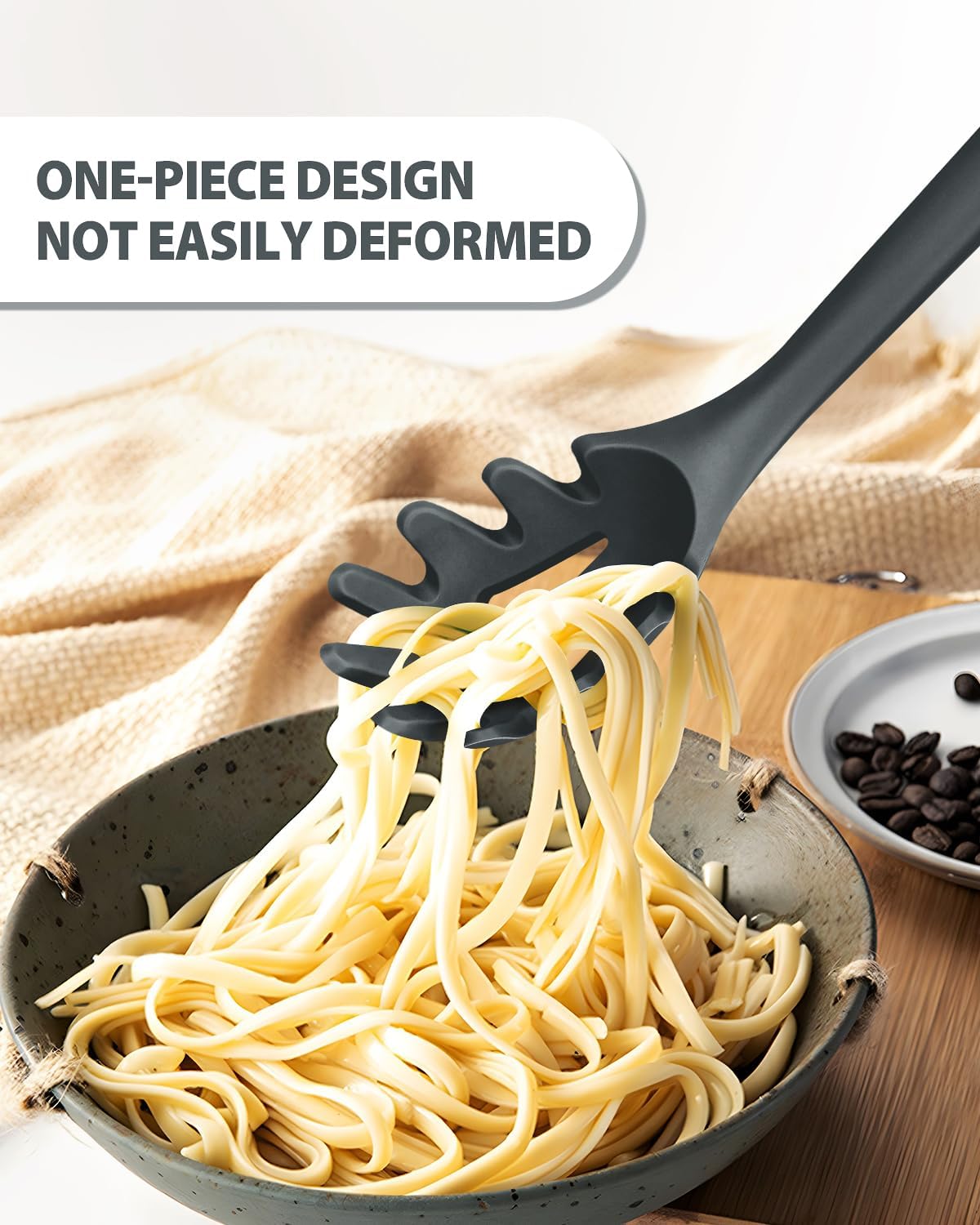 Silicone Pasta Fork and Ladle Spoon Set, Large Non Stick Kitchen Utensils for Cooking,Stirring,One Piece Serving Spaghetti, Soup, Sauce (GREY)