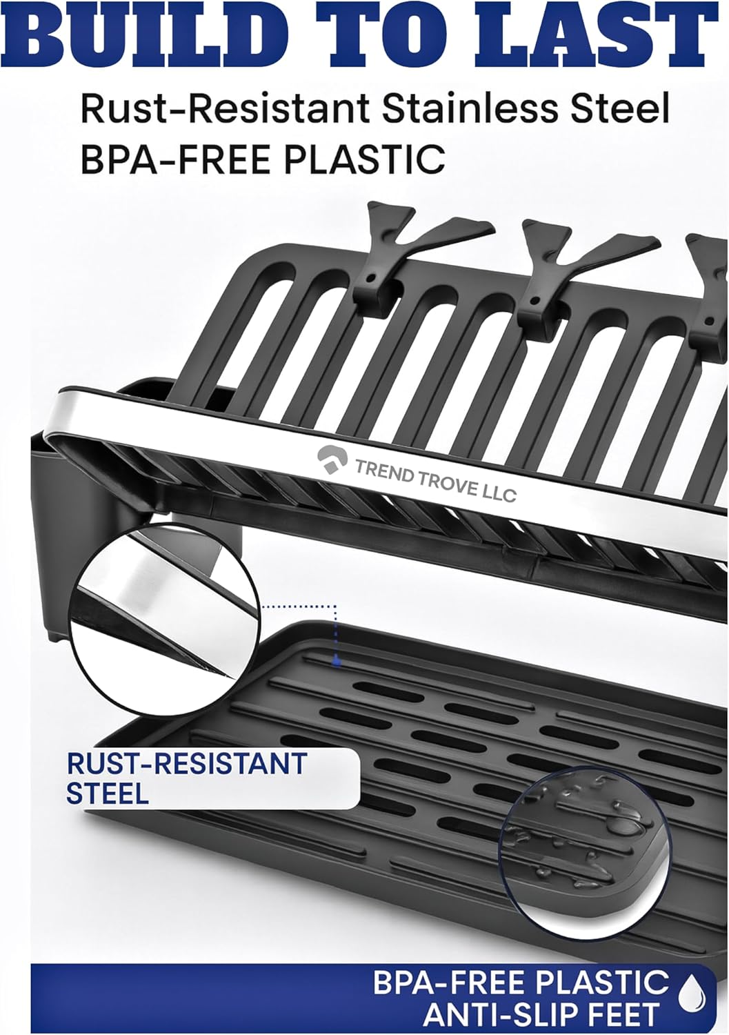 TrendTrove Foldable Dish Drying Rack – Stainless Steel Dish Rack for Kitchen Counter & Over Sink – Compact, Space-Saving Dish Drainer with Drip Tray, Utensil Holder & Plate Dividers (Black/Silver)