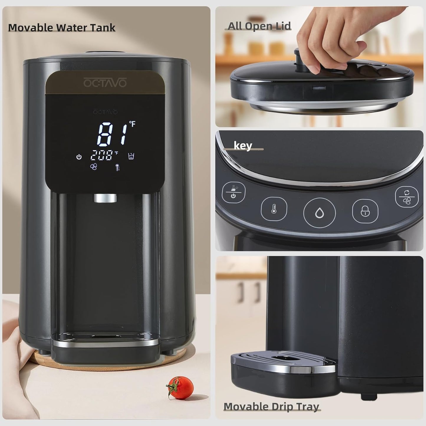 OCTAVO Water Boiler & Warmer 5 Liter, 304 Stainless Steel Water Tank, 700 Watt 6 Adjustable Water Temperature, LCD Touch Control Screen, Child Lock with Water Shortage Indicator