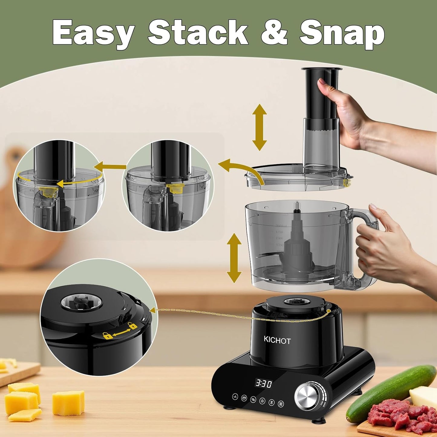 12 Cup Food Processor & Vegetable Chopper,French-Fry-Cutter, Stepless Speed,Digital Timer,Large Feed Chute,Ice Creshing,Chopping, Shredding, Slicing and Doughing,600W for Home Use,Black
