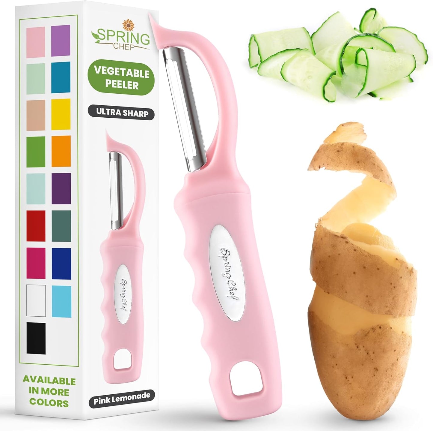 Spring Chef Premium Swivel Vegetable Peeler, Soft Grip Handle and Ultra Sharp Stainless Steel Blades - Perfect Kitchen Peeler For Veggie, Fruit, Potato, Carrot, Apple - Pink Lemonade