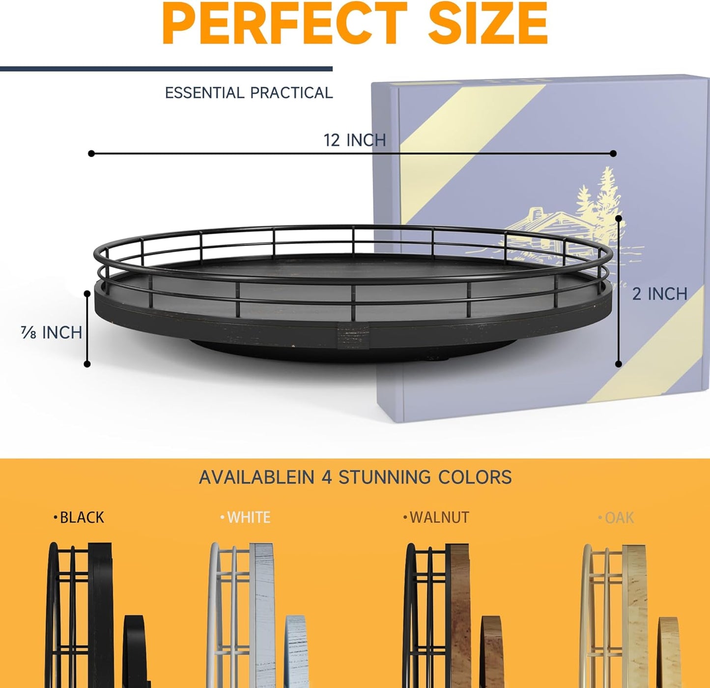 12" Oak Bathroom Vanity Tray Turntable for Perfume Candle, Round Wooden Decorative Tray for Kitchen Sink Countertop Organizer, Bathroom Counter Organizer for Skincare Makeup, Farmhouse Black Gold