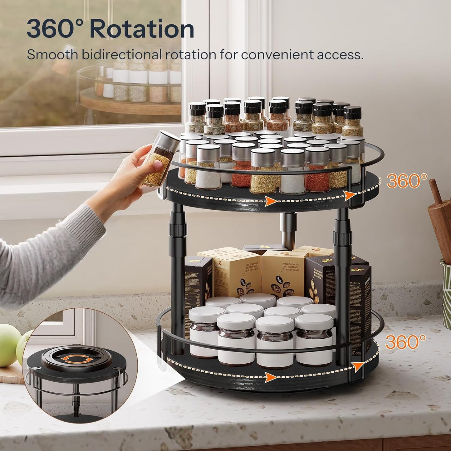 HOOBRO Lazy Susan Organizer Spice Rack, 2-Tier Height Adjustable Rotating Lazy Turntable Spice Organizer, for Kitchen Countertop and Cabinet, Black BB05TL01