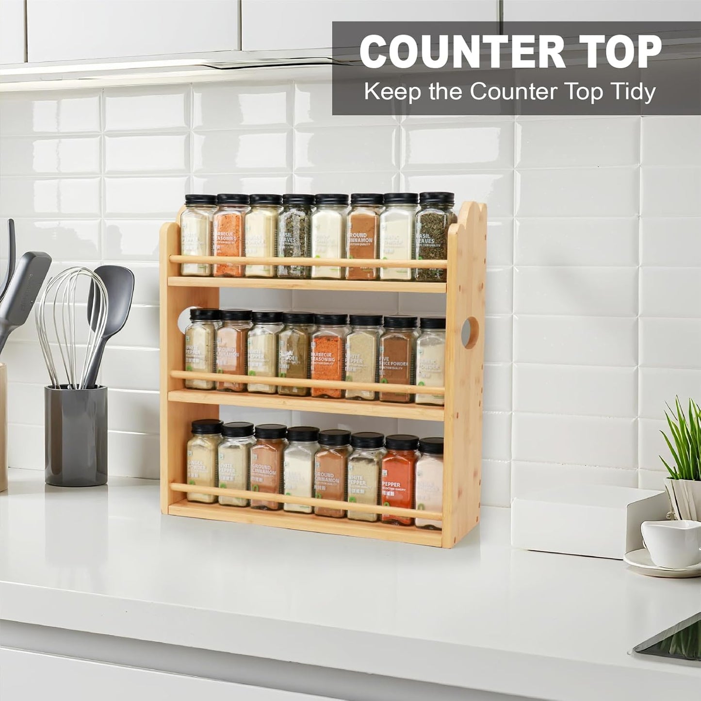 3 Tier Bamboo Spice Rack, Spice Rack Organizer, Seasoning Jars Rack Shelf Spice Organizer for Kitchen Counter or Wall Mounting, Bamboo Spice Storage Holder with handles Easy to Move