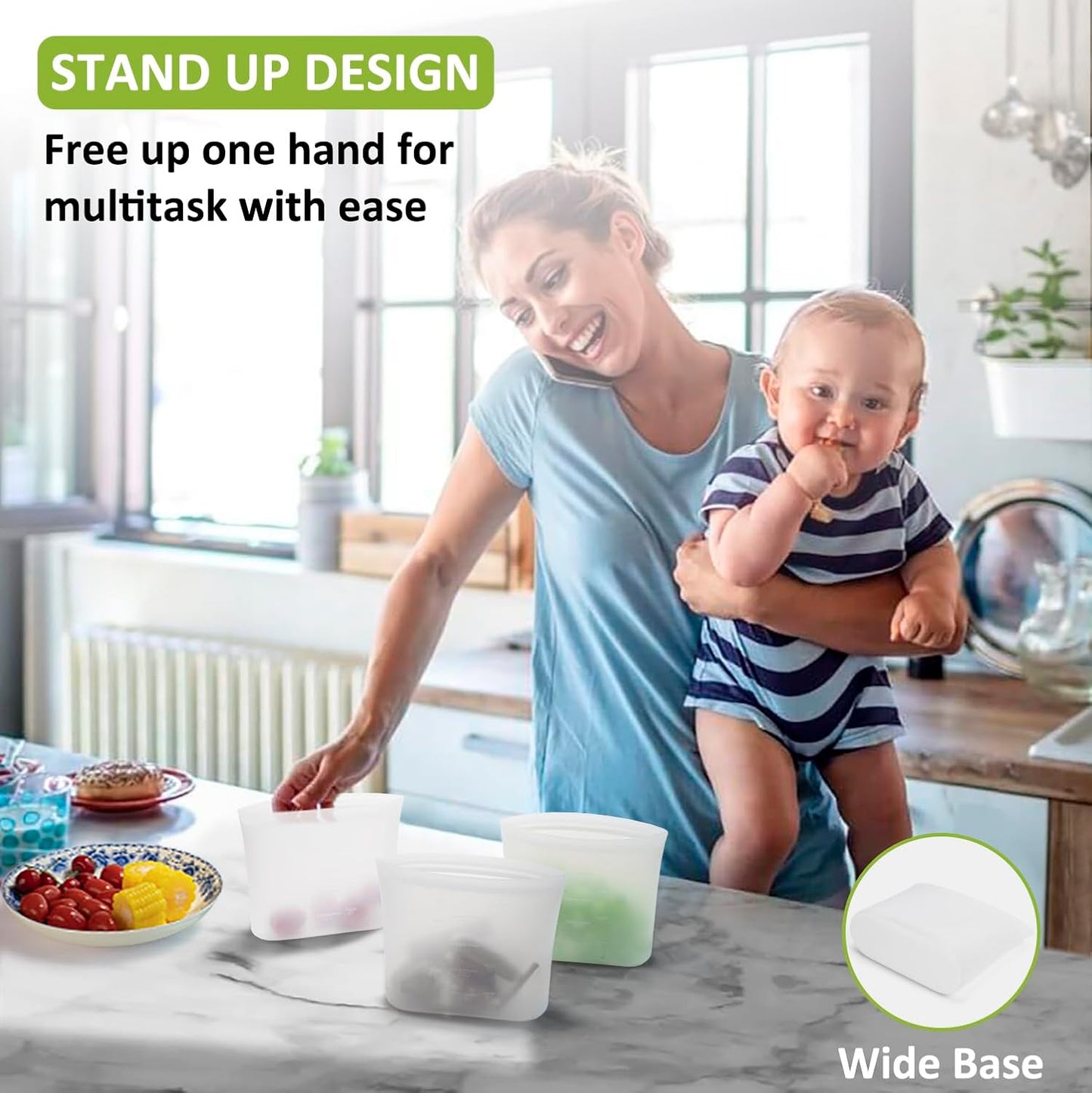 Reusable Snack Bags, 4 Pack, Stand Up 100% Silicone Reusable Storage Bag, Ziplock Silicone Food Storage Containers Snack Size, Freezer Microwave Oven Dishwasher Safe, Translucent, 16oz