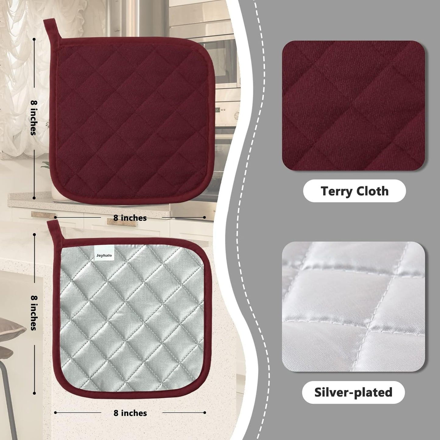 Joyhalo 6 Pack Pot Holders for Kitchen,Cotton Oven Holder with Great Heat Resistance,Non Slip Hot Pads for Kitchen Clearance,Dark Red