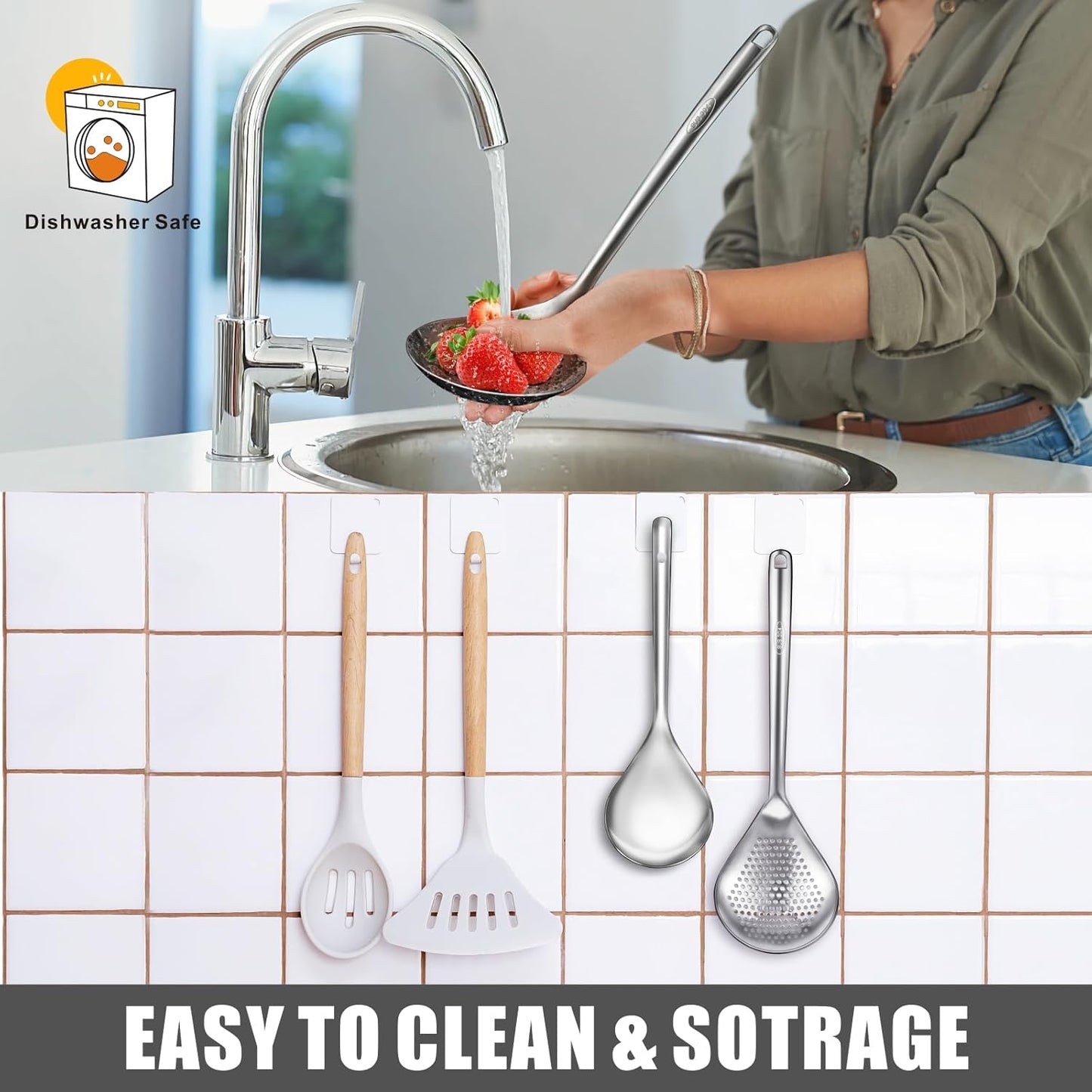 Large Serving Cooking Spoon Set, Stainless Steel Soup Gravy Ladle, Solid Slotted Metal，for Mixing, Serving, Stirring (2-Piece)