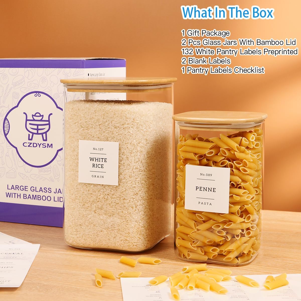 2 Pack large Square Glass Flour and Sugar Containers with 132 Kitchen Pantry Labels - 149 floz & 71 floz - Glass Jars with Airtight Bamboo Lid - Glass Rice Canisters for Coffee, Pasta, Cookie, Cereal