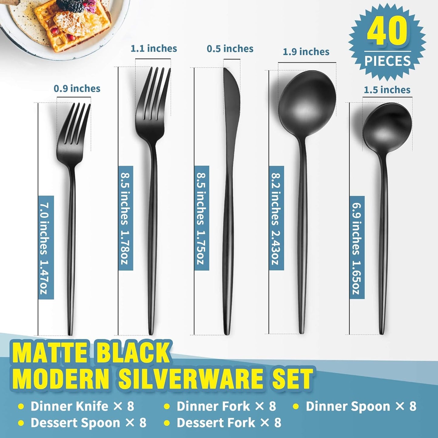 Matte Black Silverware Set for 8,Modern Stainless Steel Brushed Cutlery Set,40-Pieces Heavy Duty Flatware Set,Knives Spoons and Forks Set Utensils Set, Satin Finish, Dishwasher Safe