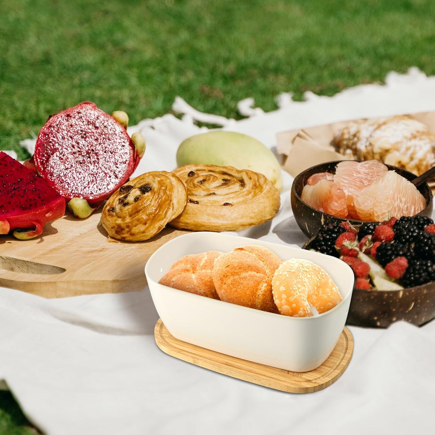 Bread Box for Kitchen Countertop - Bamboo Fiber Bread Bin with Reversible Cutting Board Lid, Juice Groove - Ventilated, Multi-Functional Storage Keeper for Freshness (14.2x7.8x5.5In, White)