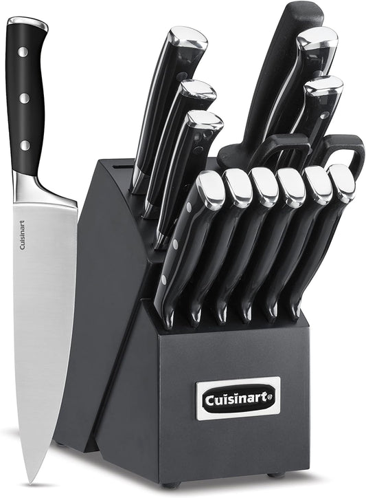 Cuisinart 15-Piece Knife Set with Block, High Carbon Stainless Steel, Forged Triple Rivet, Black/Black C77BTR-15PBK