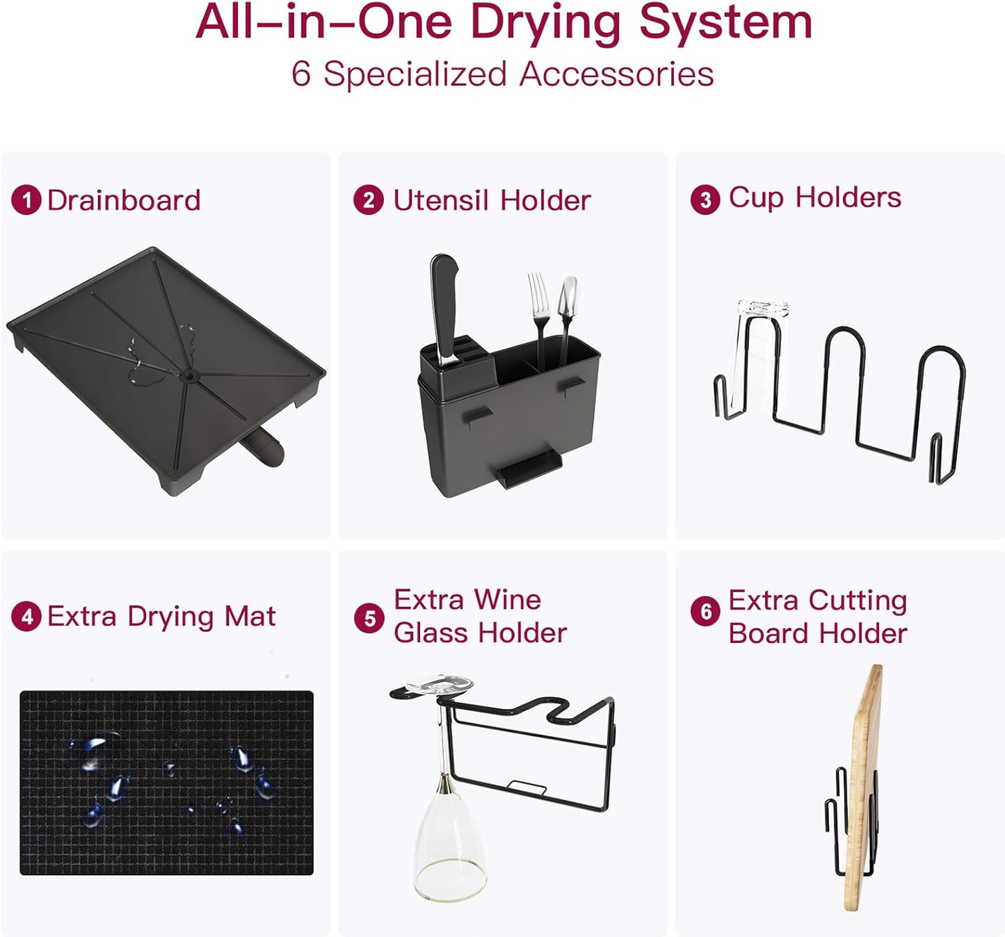 BOOSINY 2 Tier Black Large Stainless Steel Dish Drainers Drying Rack for Kitchen Counter with Drainboard, Rust Proof Metal, Space Saving, Modern Aesthetic, Compact Plates Strainers with Extra Mat