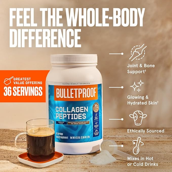 Bulletproof Vanilla Collagen Protein Powder with MCT Oil, 19g Protein, 42.3 Oz, Value Size, Collagen Peptides and Amino Acids for Healthy Skin, Bones and Joints