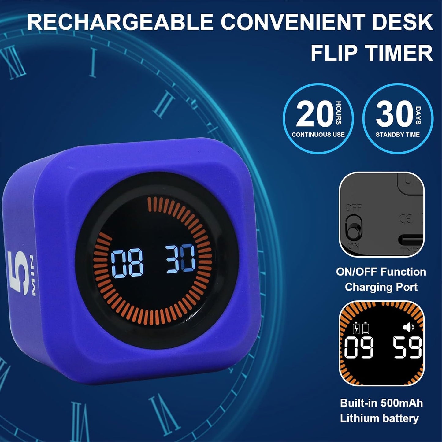 FCXJTU Rotating Pomodoro Cube Visual Timer 5, 25, 10 50 Minutes Preset, Rechargeable Desk Productivity Flip Timer w/Silicone Cover Custom Countdown, Silent Mode for ADHD, Study, Work, School(Blue)