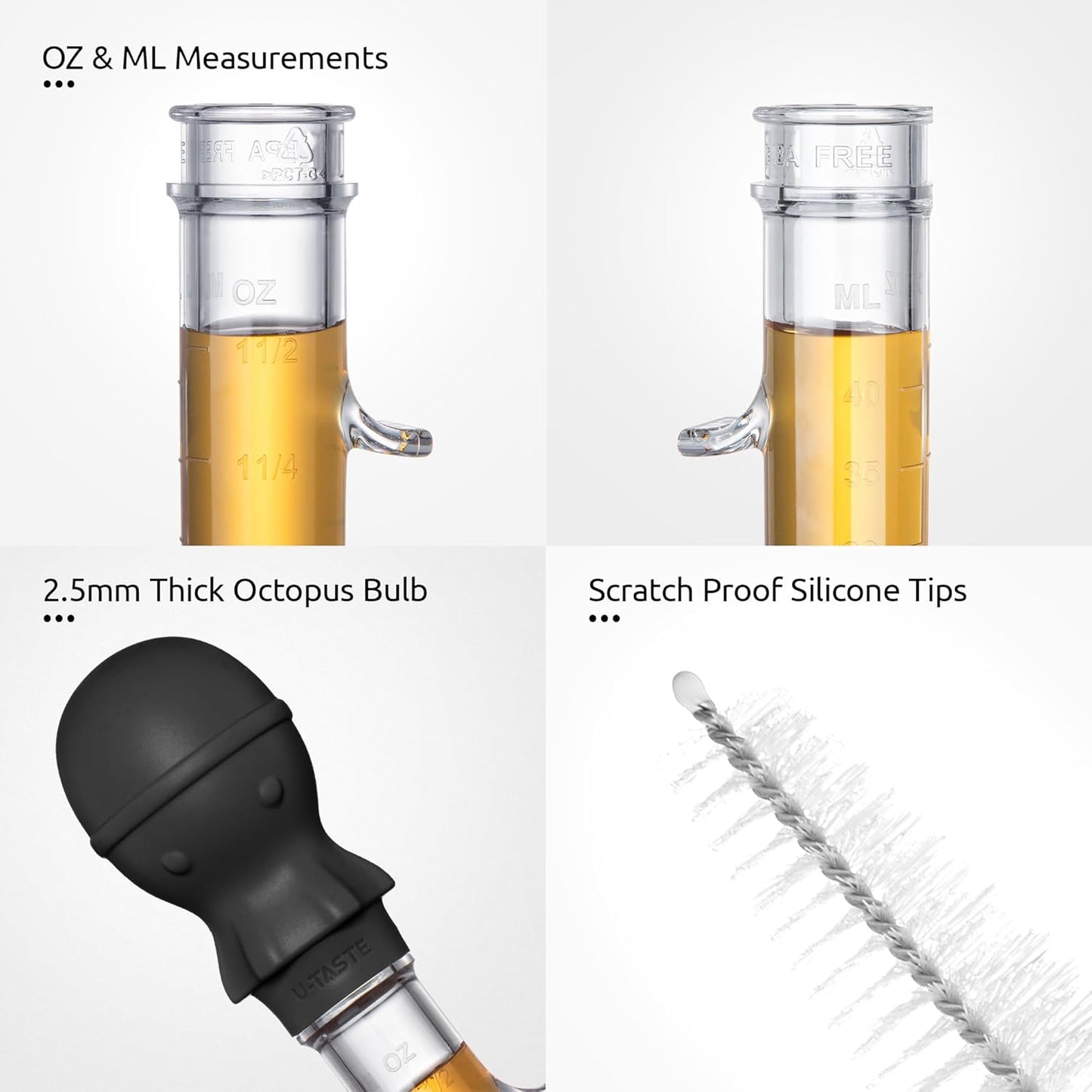 U-Taste 1.5oz Angled Turkey Baster - 228.2ºF Heat Resistant Food Grade Tritan and Silicone Large Octopus Bulb Baster Set with Cleaning Brush for Cooking Basting Meat Poultry Beef Chicken (Black)