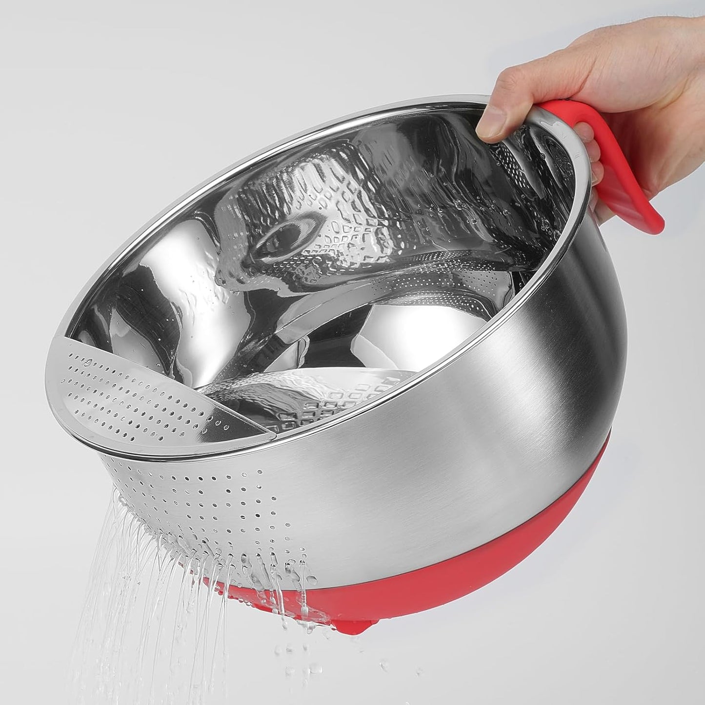 Rice Washer Strainer Bowl Quinoa Washing Bowl whit Handle Stainless Steel Colander Versatile Side Drainers for Cleaning Rinsing Fruits, Vegetables, and Beans - Tilting Non-slip Silicone Bottom, Red