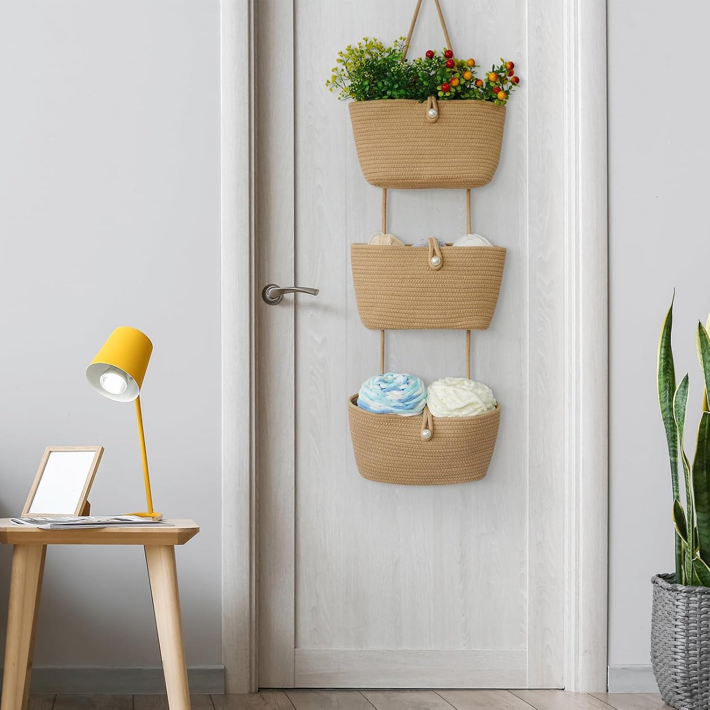 TeoKJ 3-Tier Hanging Baskets for Storage with Pearl Button Strap, Cotton Rope Over the Door Organizer, Wall-Mounted with Hook Decorative Hanging Nursery Baskets, Jute