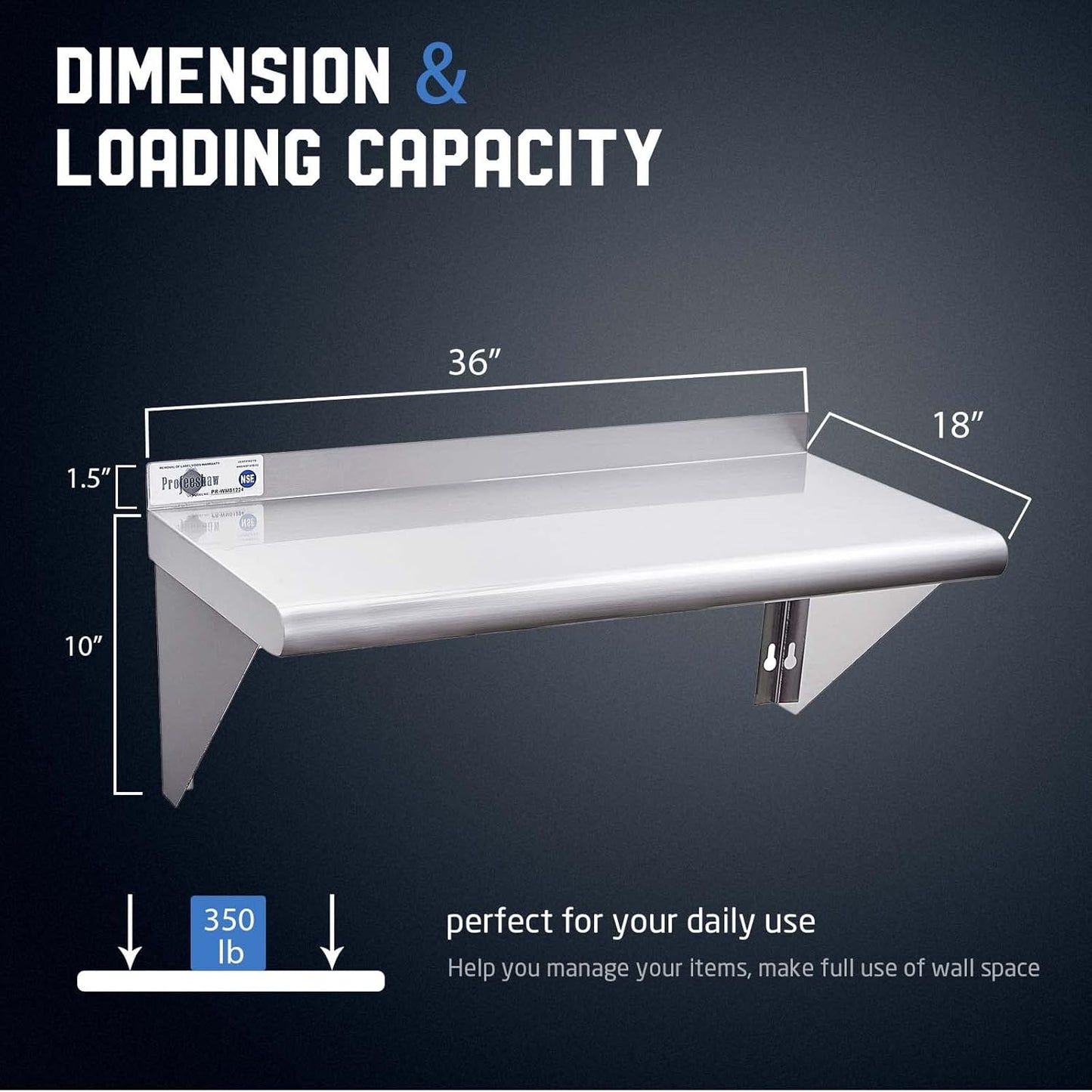 Profeeshaw NSF Stainless Steel Shelf 18” x 36”, 350 lb Commercial Shelves Wall Mounted Metal Shelving with Backsplash and 2 Brackets for Restaurant, Bar, Utility Room, Kitchen and Garage