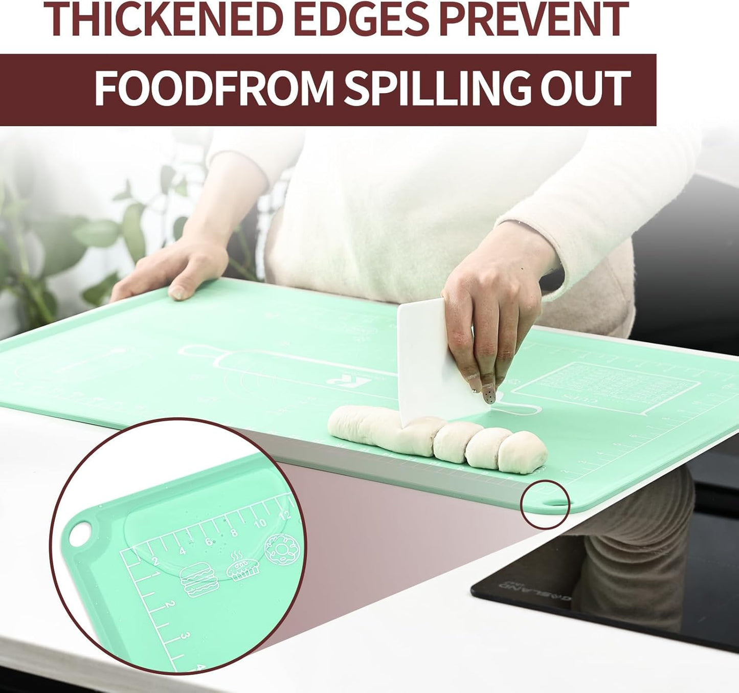 Silicone Baking Mat 20"L x 28"W, Extra Thick Dough Rolling Pad with Measurements and Edge Heightening, Non-stick Food Grade Silicone Pastry Mat for Pastry, Bread, Cookies