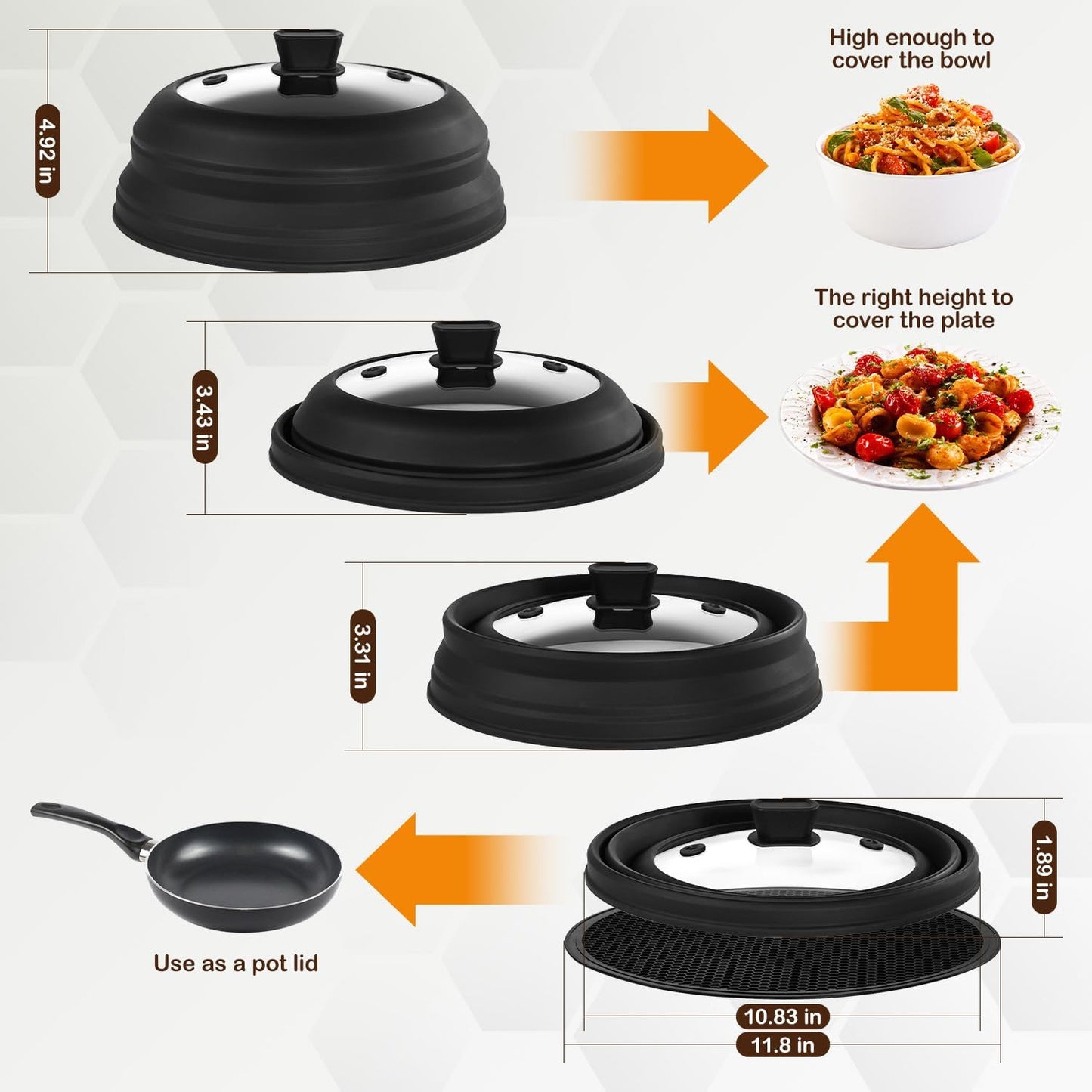 Lzerking Microwave Splatter Cover & Silicone Mat, 10.8 inch Glass Splatter Guard Lid with Collapsible Silicone for Food, Fits 6-10 inch Pot Plate Bowl, Heat Resistant, Dishwasher Safe, Kitchen, Black