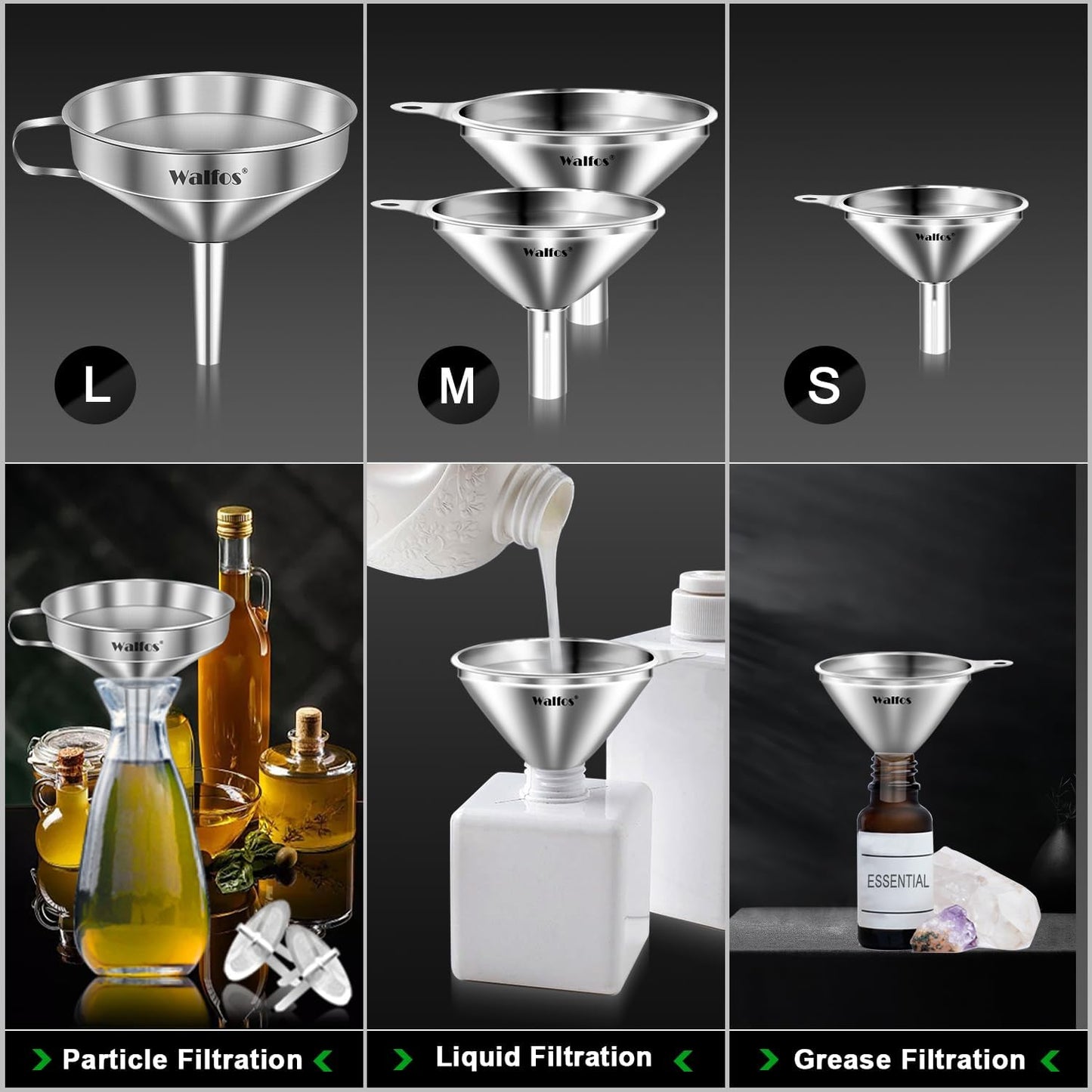 Stainless Steel Funnel, Walfos 4 Pack(4in、3 in、2.2 in、1.7in Kitchen Funnel with 2 Removable Strainer ＆ 1Pcs Cleaning Brush, Perfect for Transferring of Liquid, Oils, Jam, Dry Ingredients & Powder