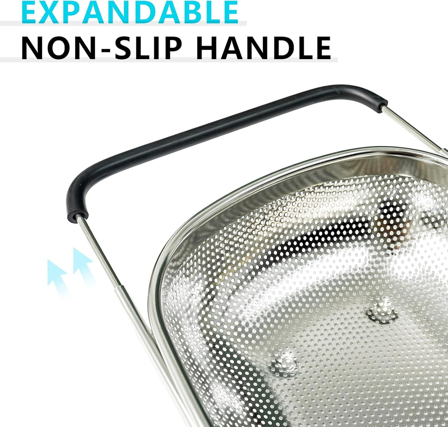 REDANT Over The Sink Colander - Expandable Stainless Steel Strainer with Fine Mesh for Pasta, Rice, Fruits & Vegetables - Kitchen Colander with Rubber Grip Handles, Silver (1-Pack)