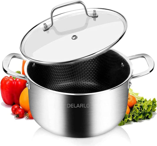 DELARLO Tri-Ply Stainless Steel Stock Pot, 5QT Non Stick Pots, Induction Ready, Cooking Pots with Lids, Stockpot 600℉ Oven Safe, 18/8 Food Grade Cookware, Soup Pot, Energy Saving, Lids 350℉
