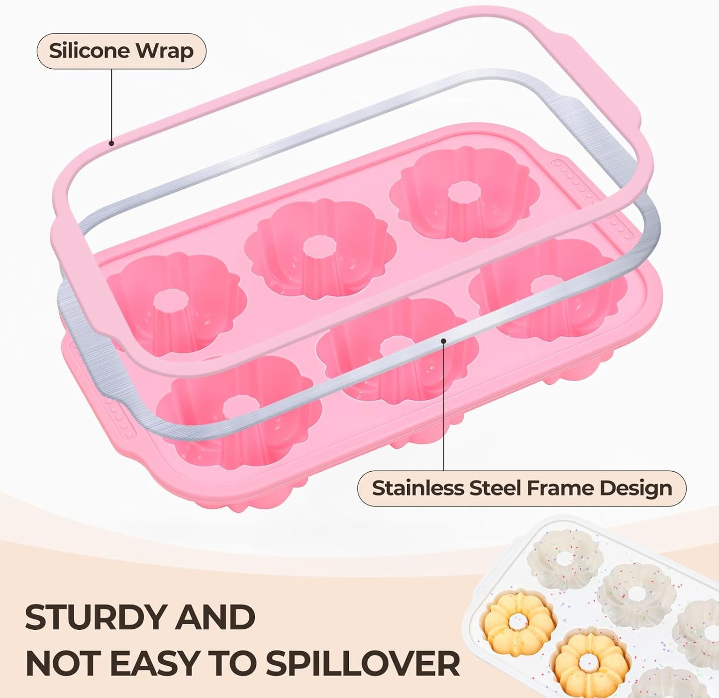 Mini Bundt Cake Pans for Baking, 2Pcs Silicone 6-Cavity Fluted Tube Cake Pan with Metal Reinforced Frame, Nonstick Baking Molds for Cupcake, Brownie, Donuts, Cornbread, Jello