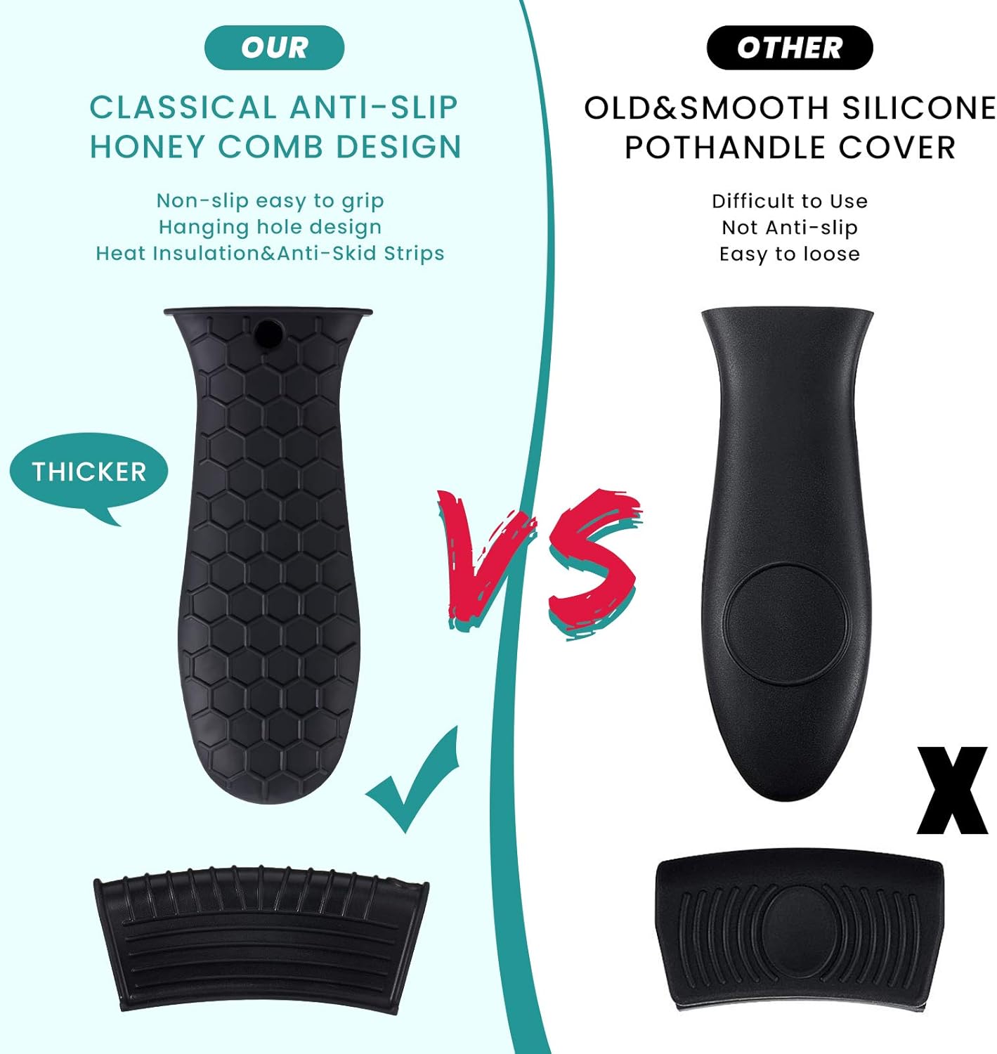 Patelai 8 Pcs Silicone Pot Holders Set Cast Iron Handle Cover Heat Resistant Pot Handle Covers Potholder Non Slip Reusable Pan Sleeve for Frying Pan Kitchen Supplies(Black)