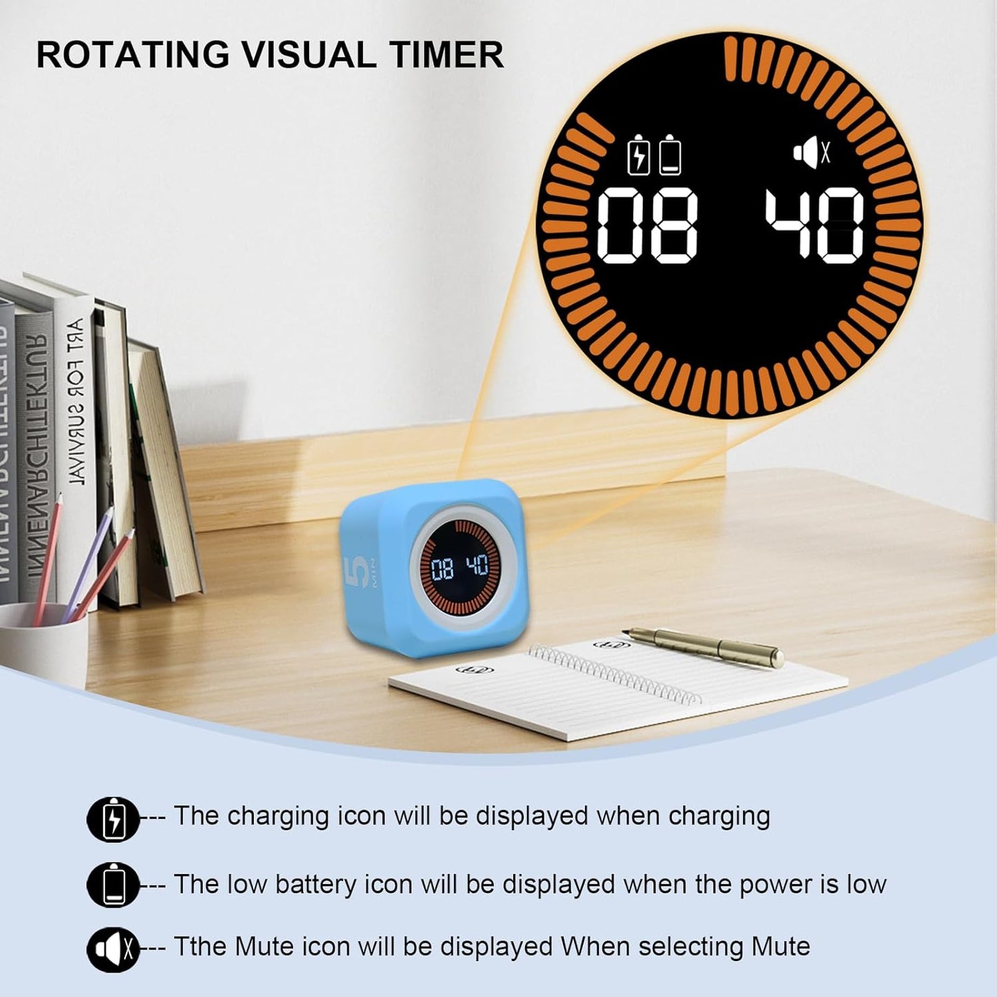 FCXJTU Rotating Cube Pomodoro Visual Timer 5, 25, 10 50 Minutes Preset, Rechargeable Desk Productivity Flip Custom Countdown Timer w/Silicone Cover, Silent Mode for ADHD Study, Work, School(Orange)