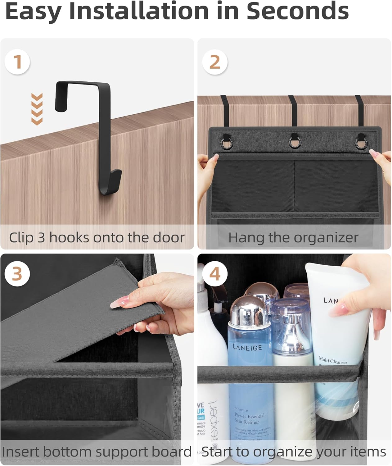 STORAGE MANIAC Over the Door Organizer Large Capacity Hanging Organizer, Clear Deep Pockets Behind Door Closet Organizer and Storage for Nursery, Bathroom, Bedroom, Pantry, 1 Pack Black