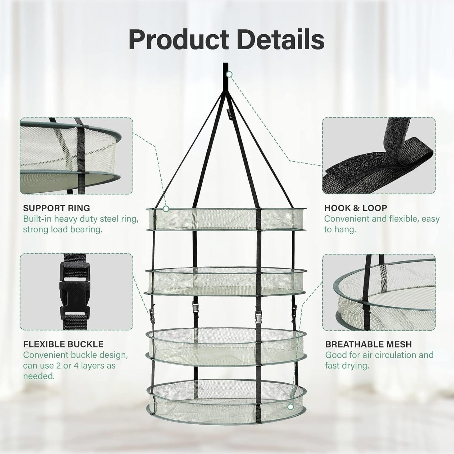 Simple Deluxe 4 Layer 24'' Herb Drying Rack with Hook, Detachable Design Hanging Dry Mesh Folding Basket Dryer for Clothes, Herbs