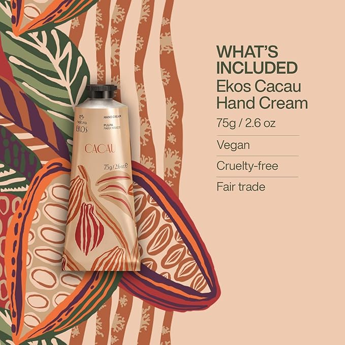 Natura Ekos Cacau Collagen Boosting Hand Cream - 48-Hour Deep Hydration Skin Moisturizer - Increase Skin's Natural Collagen - Vegan Skin Care - 2.6 oz (75g)