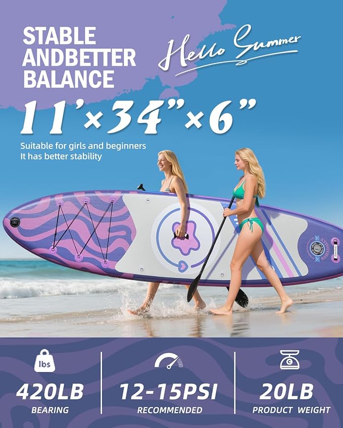 11'Stand Up Paddle Boards Surf Control with Premium SUP Board Accessories Backpack & Removable Fins, 34" Wide Inflatable Paddle Boards of All Skill Levels