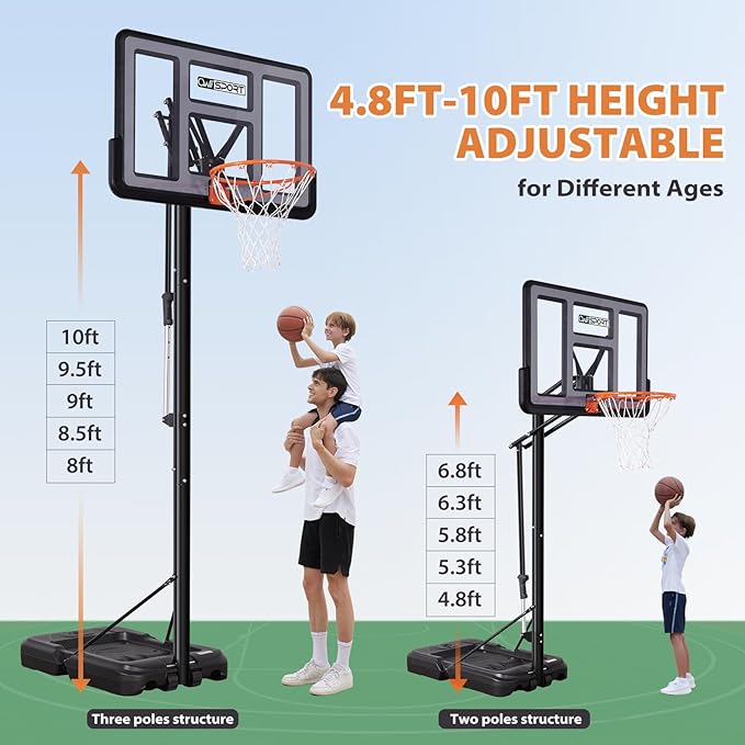 Portable Basketball Hoop Outdoor, 4.8-10FT Height Adjustable Basketball Hoop Goal System with 44-48 Inch Impact Backboard and Portable Wheels for Adults